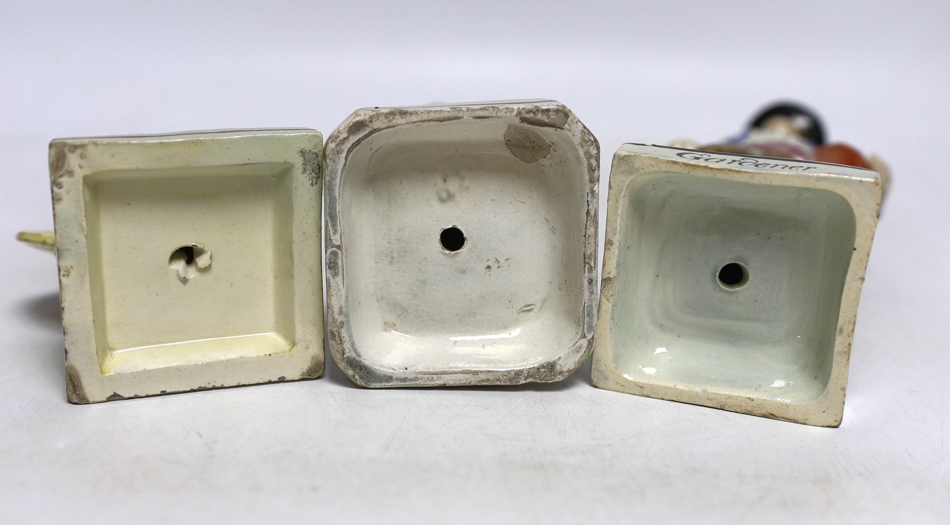 Three Staffordshire pearlware figures of a boy with grapes, a lady archer and a 'Gardener', largest 22cm high